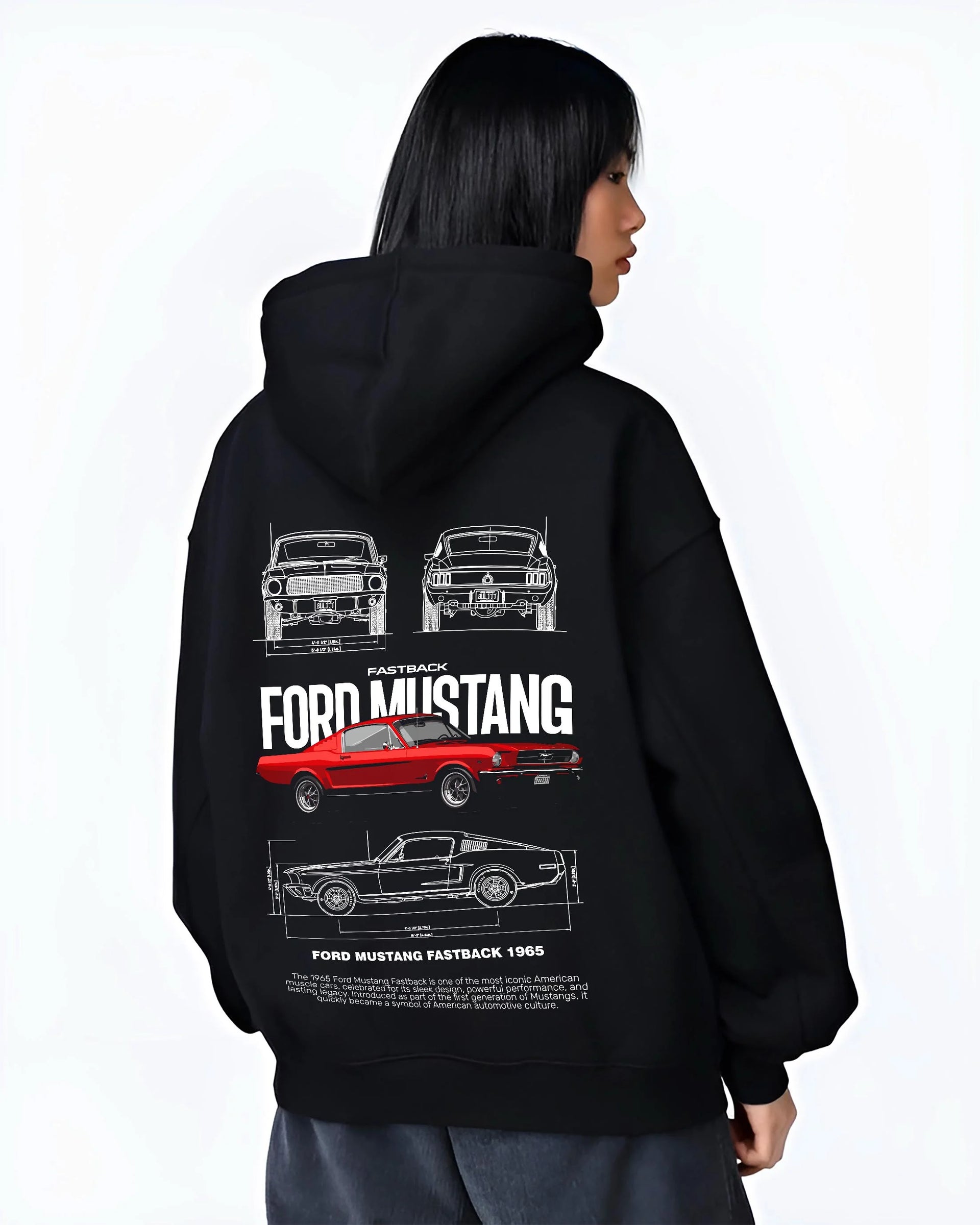 Black hoodie worn by a female model, back view, featuring Ford Mustang american muscle retro classic enthusiast racing graphic.