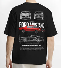 Black T-shirt worn by a male model, back view, featuring Ford Mustang american muscle retro classic enthusiast racing graphic.