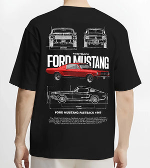 Black T-shirt worn by a male model, back view, featuring Ford Mustang american muscle retro classic enthusiast racing graphic.