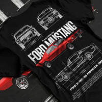 Black T-shirt laid flat with natural fabric folds, featuring Ford Mustang american muscle retro classic enthusiast racing graphic.