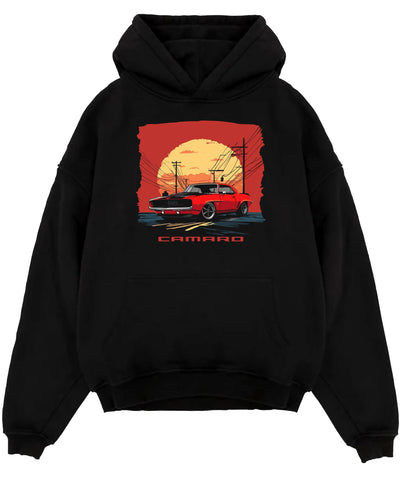 Black pullover hoodie laid flat on a white background, featuring racing drag american muscle street vintage classic graphic.