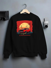 Black crewneck sweatshirt on a hanger against a grey wall, featuring racing drag american muscle street vintage classic graphic.