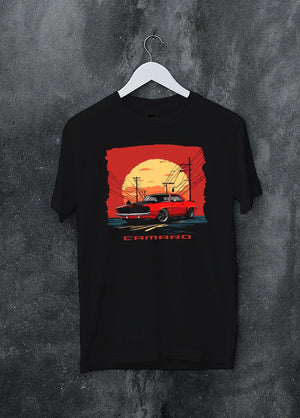 Black crewneck T-shirt on a hanger against a grey wall, featuring racing drag american muscle street vintage classic graphic.