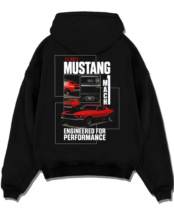 Black pullover hoodie laid flat on a white background, featuring MUSTANG racing drag american muscle street classic graphic.