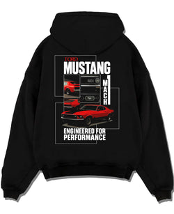 Black pullover hoodie laid flat on a white background, featuring MUSTANG racing drag american muscle street classic graphic.