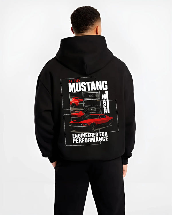 Black hoodie worn by a male model, back view, featuring MUSTANG racing drag american muscle street classic enthusiast graphic.