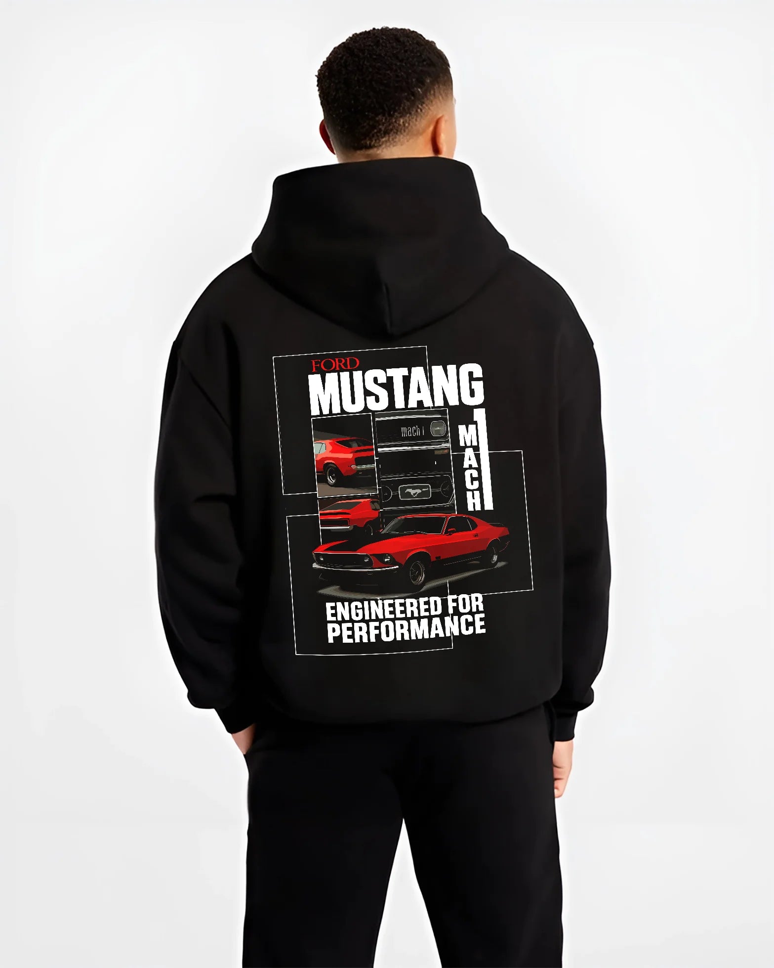 Black hoodie worn by a male model, back view, featuring MUSTANG racing drag american muscle street classic enthusiast graphic.