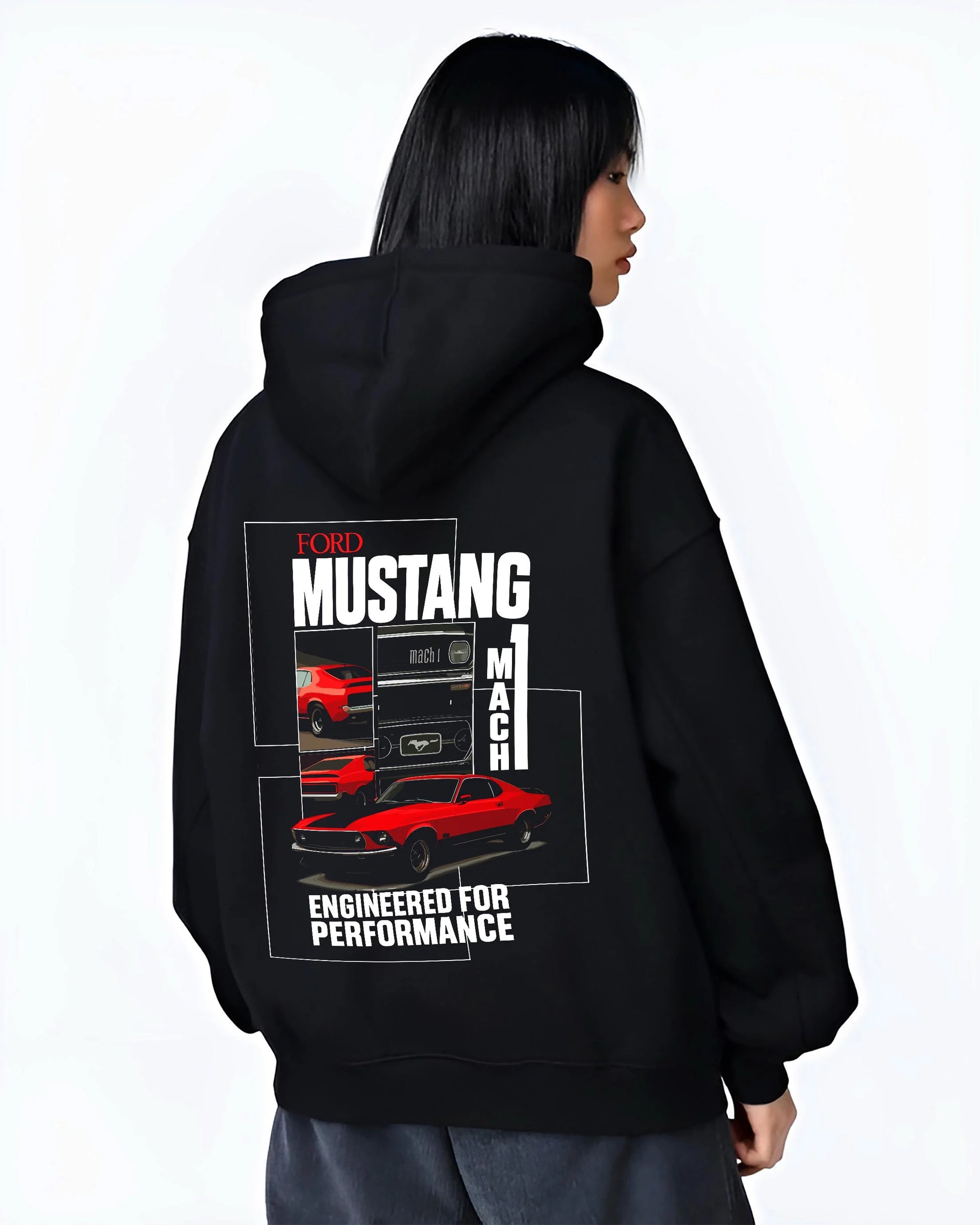 Black hoodie worn by a female model, back view, featuring MUSTANG racing drag american muscle street classic enthusiast graphic.