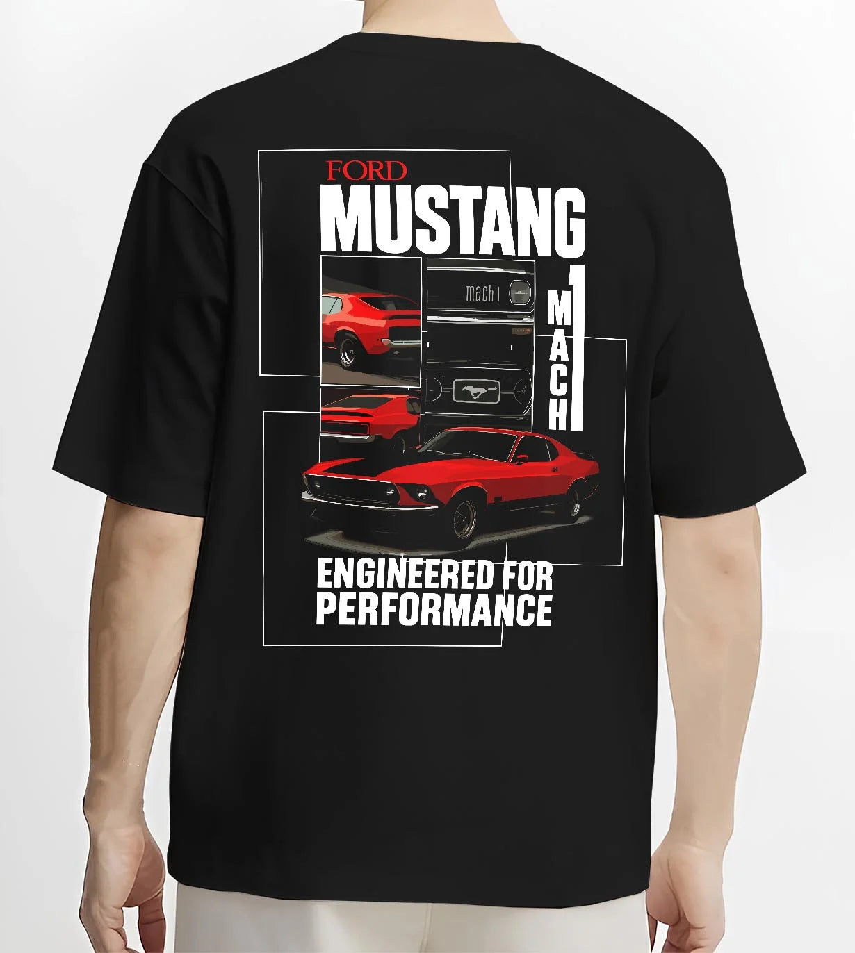 Black T-shirt worn by a male model, back view, featuring MUSTANG racing drag american muscle street classic enthusiast graphic.