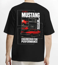 Black T-shirt worn by a male model, back view, featuring MUSTANG racing drag american muscle street classic enthusiast graphic.