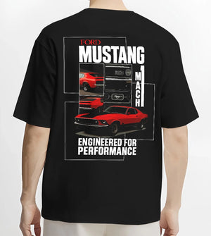 Black T-shirt worn by a male model, back view, featuring MUSTANG racing drag american muscle street classic enthusiast graphic.