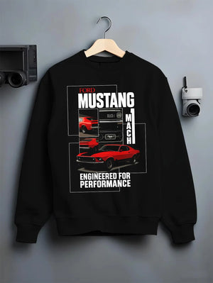 Black crewneck sweatshirt on a hanger against a grey wall, featuring MUSTANG racing drag american muscle street classic graphic.