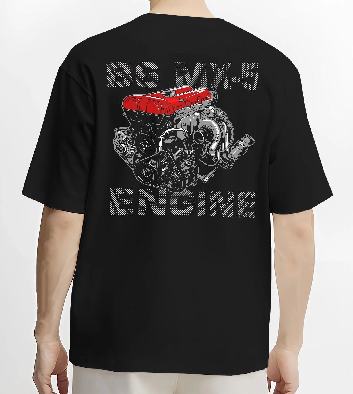 Black T-shirt worn by a male model, back view, featuring Mazda MX-5 jdm tuner street racing performance motorsport graphic.