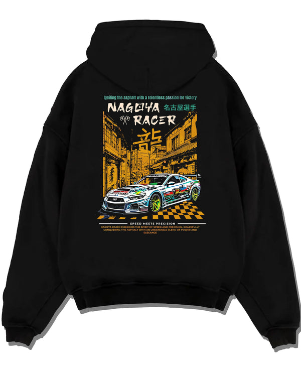 Black pullover hoodie laid flat on a white background, featuring racing drift jdm japanese tokyo street tokyo drift graphic.