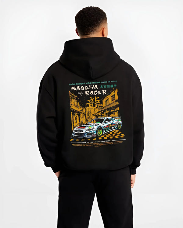 Black hoodie worn by a male model, back view, featuring racing drift jdm japanese tokyo street tokyo drift enthusiast graphic.