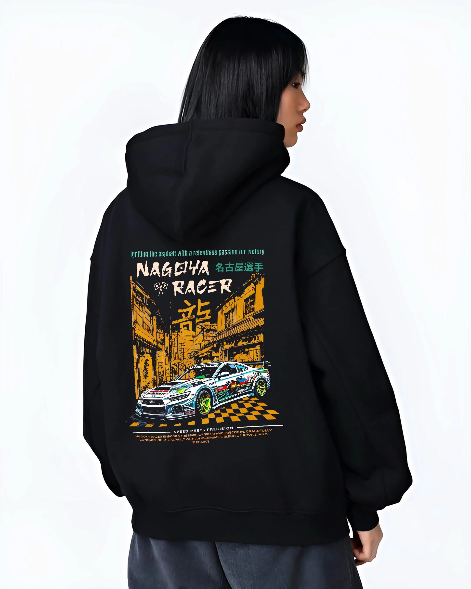 Black hoodie worn by a female model, back view, featuring racing drift jdm japanese tokyo street tokyo drift enthusiast graphic.
