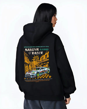 Black hoodie worn by a female model, back view, featuring racing drift jdm japanese tokyo street tokyo drift enthusiast graphic.