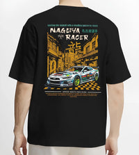 Black T-shirt worn by a male model, back view, featuring racing drift jdm japanese tokyo street tokyo drift enthusiast graphic.