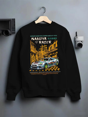 Black crewneck sweatshirt on a hanger against a grey wall, featuring racing drift jdm japanese tokyo street tokyo drift graphic.