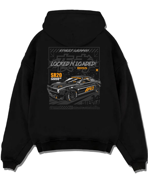 Black pullover hoodie laid flat on a white background, featuring rs racing motorsport need for speed street retro speed graphic.