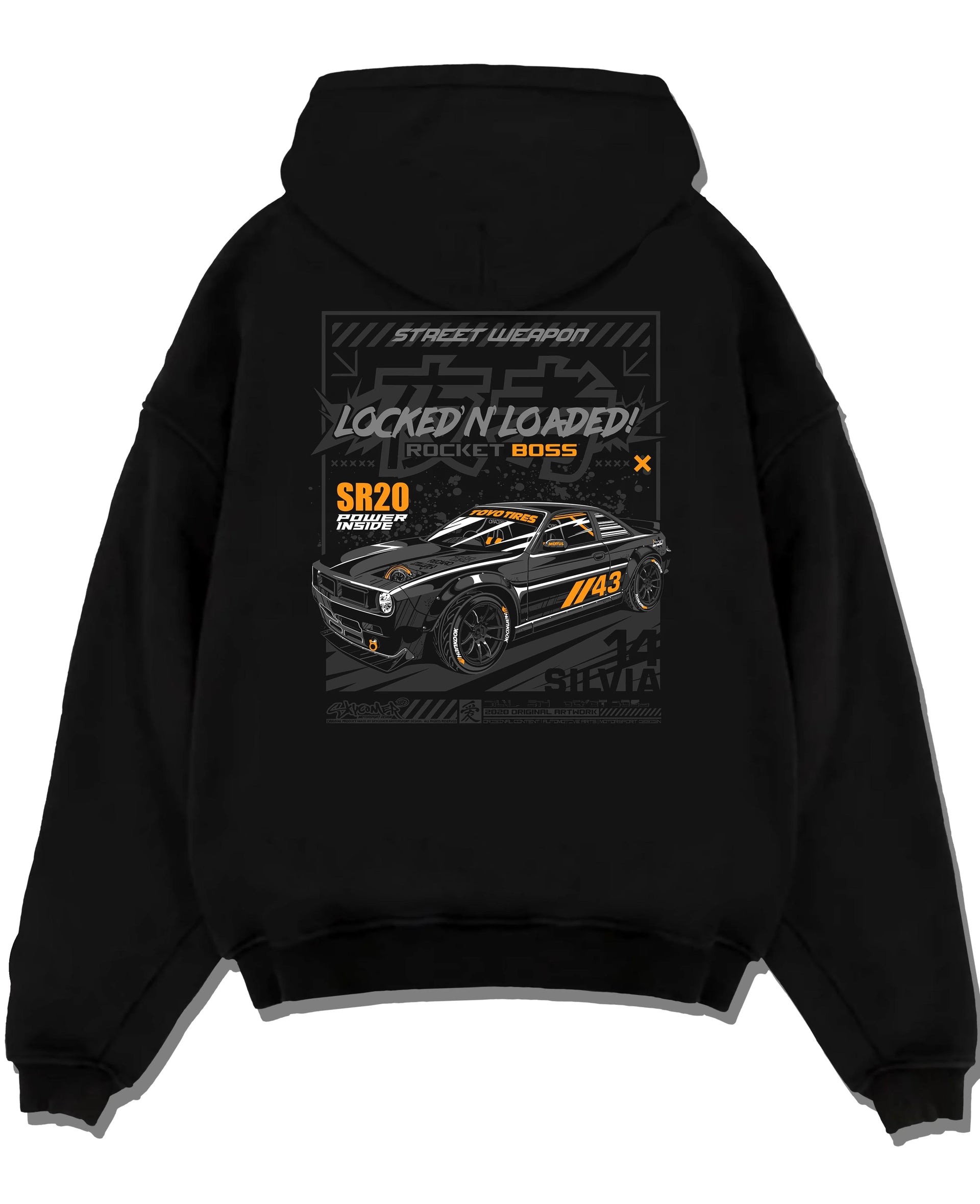 Black pullover hoodie laid flat on a white background, featuring rs racing motorsport need for speed street retro speed graphic.