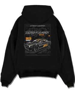 Black pullover hoodie laid flat on a white background, featuring rs racing motorsport need for speed street retro speed graphic.