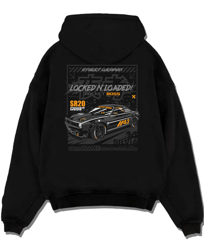 Black pullover hoodie laid flat on a white background, featuring rs racing motorsport need for speed street retro speed graphic.