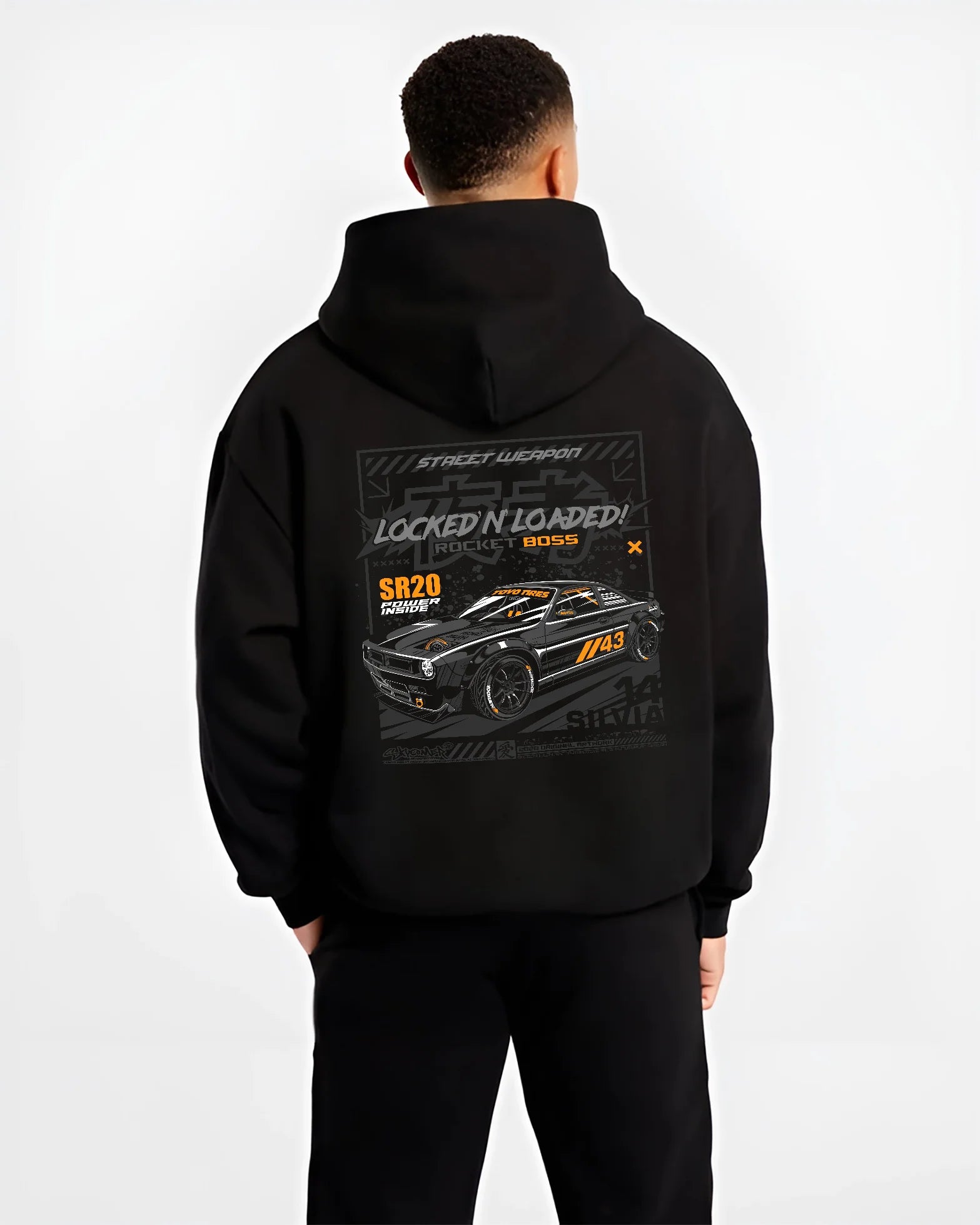 Black hoodie worn by a male model, back view, featuring rs racing motorsport need for speed street retro speed performance graphic.