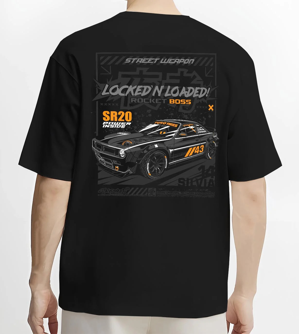 Black T-shirt worn by a male model, back view, featuring rs racing motorsport need for speed street retro speed performance graphic.