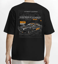 Black T-shirt worn by a male model, back view, featuring rs racing motorsport need for speed street retro speed performance graphic.