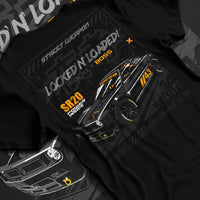 Black T-shirt laid flat with natural fabric folds, featuring rs racing motorsport need for speed street retro speed graphic.