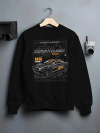 Black crewneck sweatshirt on a hanger against a grey wall, featuring rs racing motorsport need for speed street retro speed graphic.