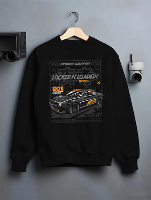 Black crewneck sweatshirt on a hanger against a grey wall, featuring rs racing motorsport need for speed street retro speed graphic.