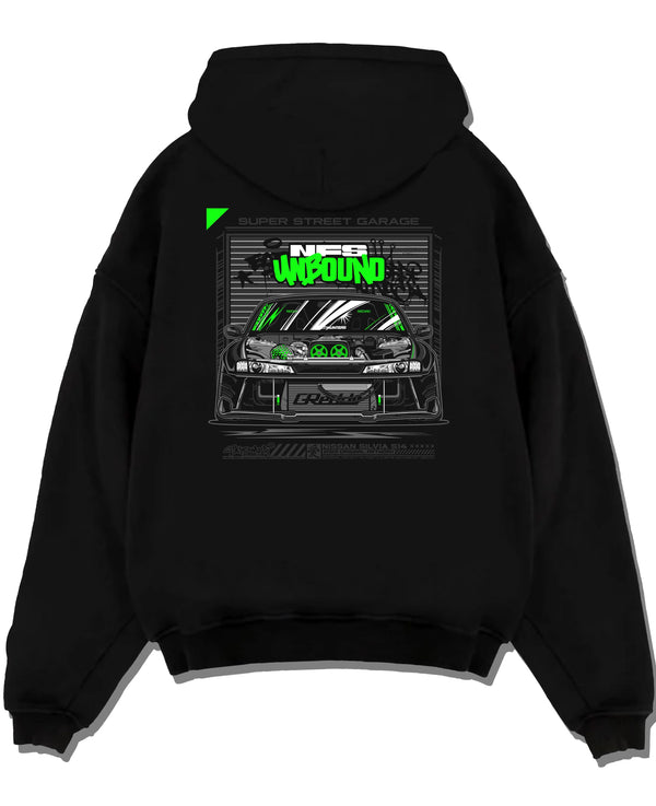 Black pullover hoodie laid flat on a white background, featuring rs race drift motorsport need for speed street speed graphic.