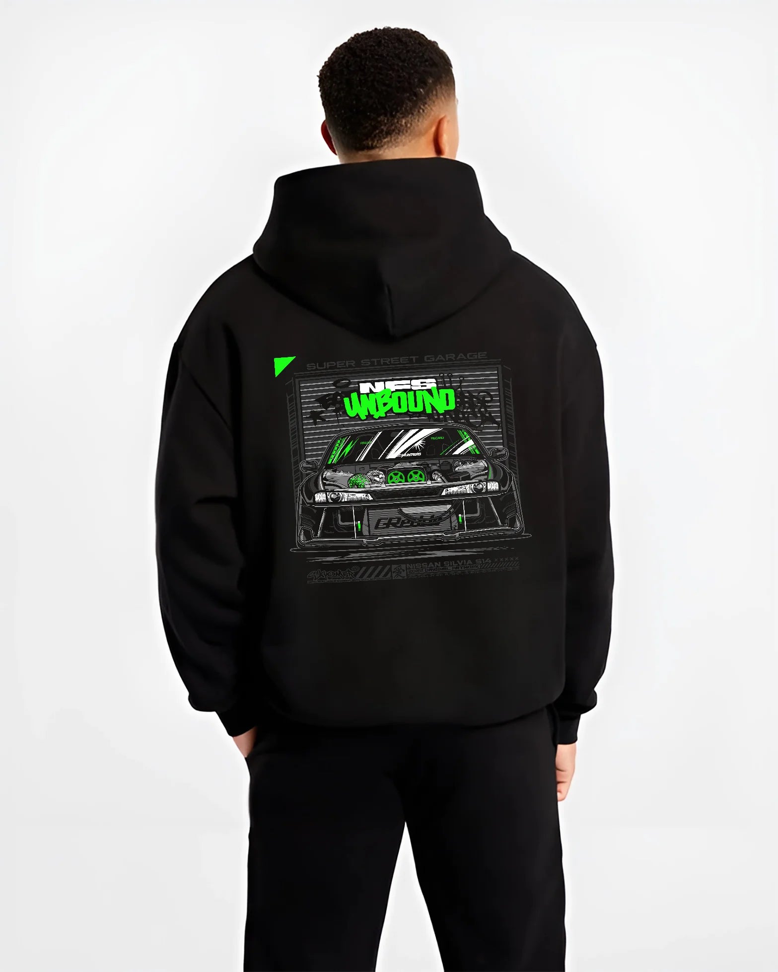 Black hoodie worn by a male model, back view, featuring rs race drift motorsport need for speed street speed racing graphic.