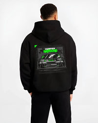 Black hoodie worn by a male model, back view, featuring rs race drift motorsport need for speed street speed racing graphic.