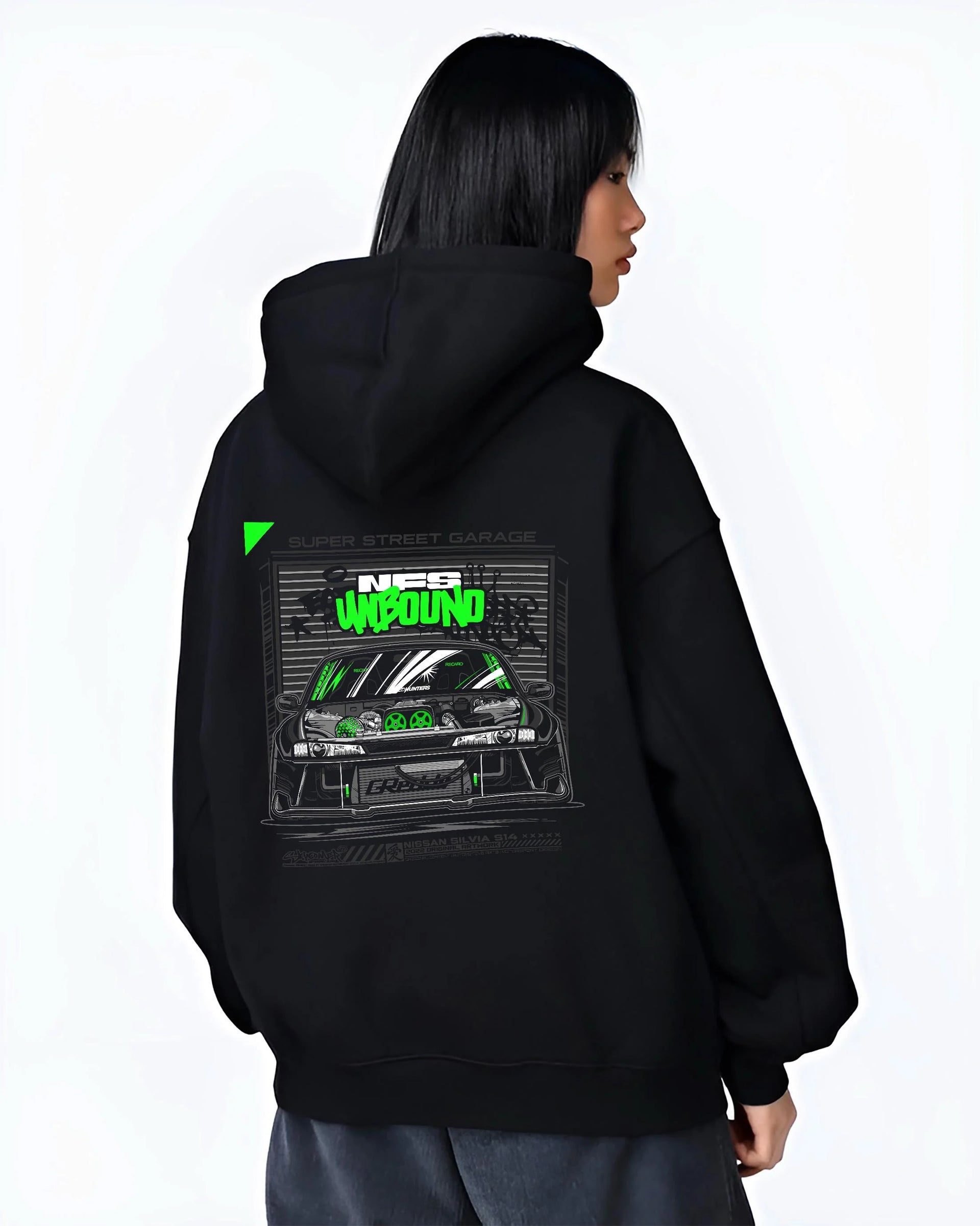 Black hoodie worn by a female model, back view, featuring rs race drift motorsport need for speed street speed racing graphic.