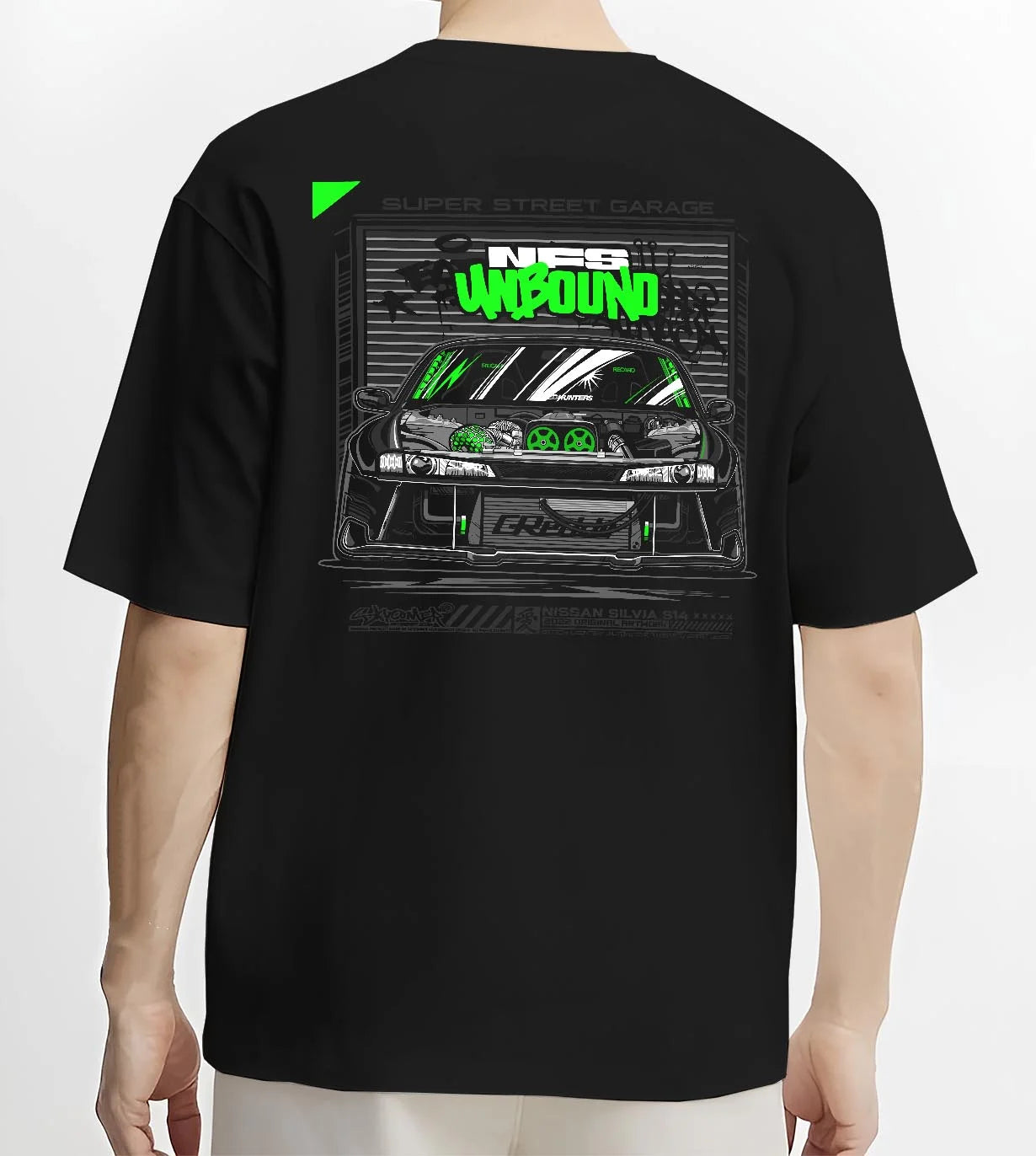 Black T-shirt worn by a male model, back view, featuring rs race drift motorsport need for speed street speed racing graphic.