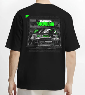 Black T-shirt worn by a male model, back view, featuring rs race drift motorsport need for speed street speed racing graphic.