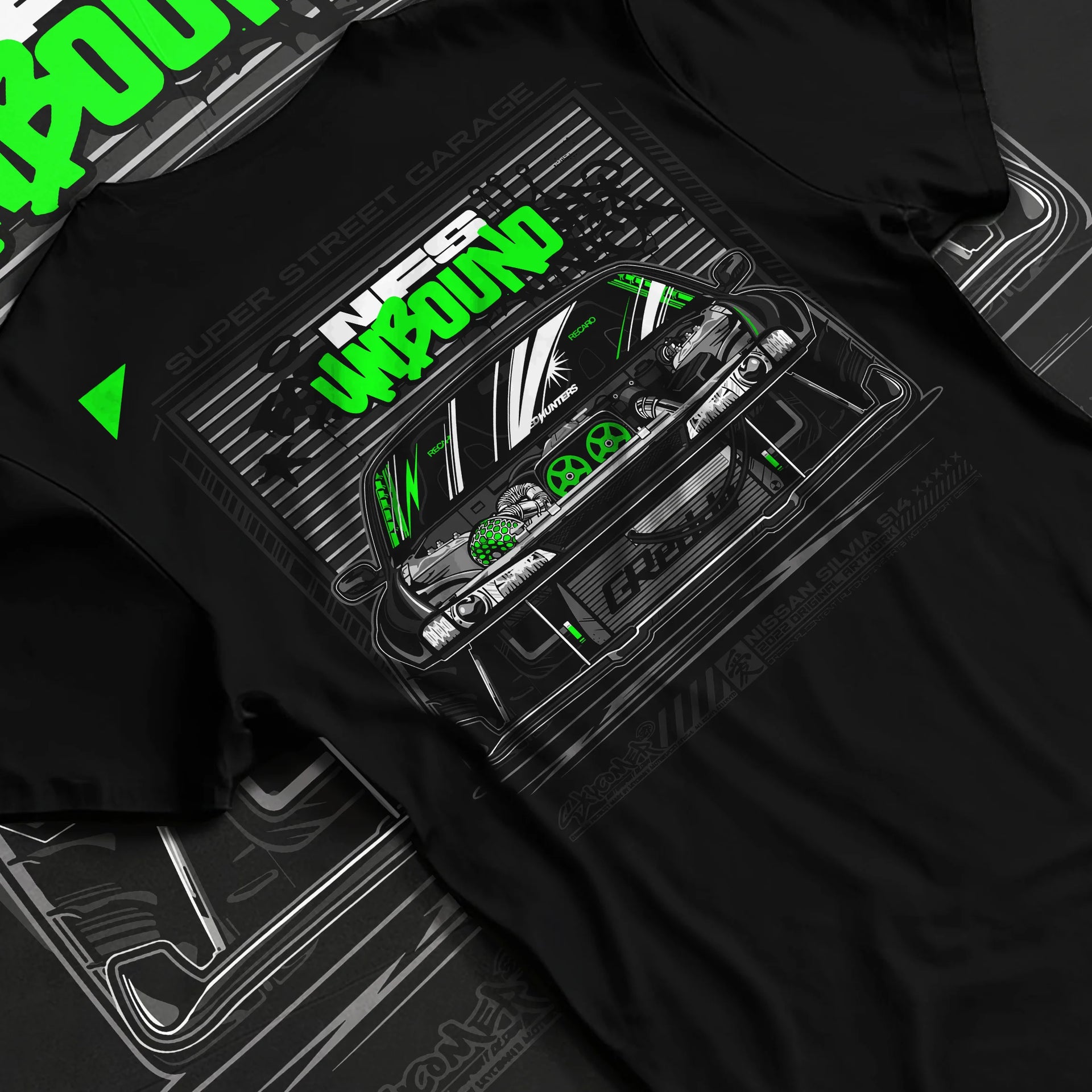 Black T-shirt laid flat with natural fabric folds, featuring rs race drift motorsport need for speed street speed racing graphic.