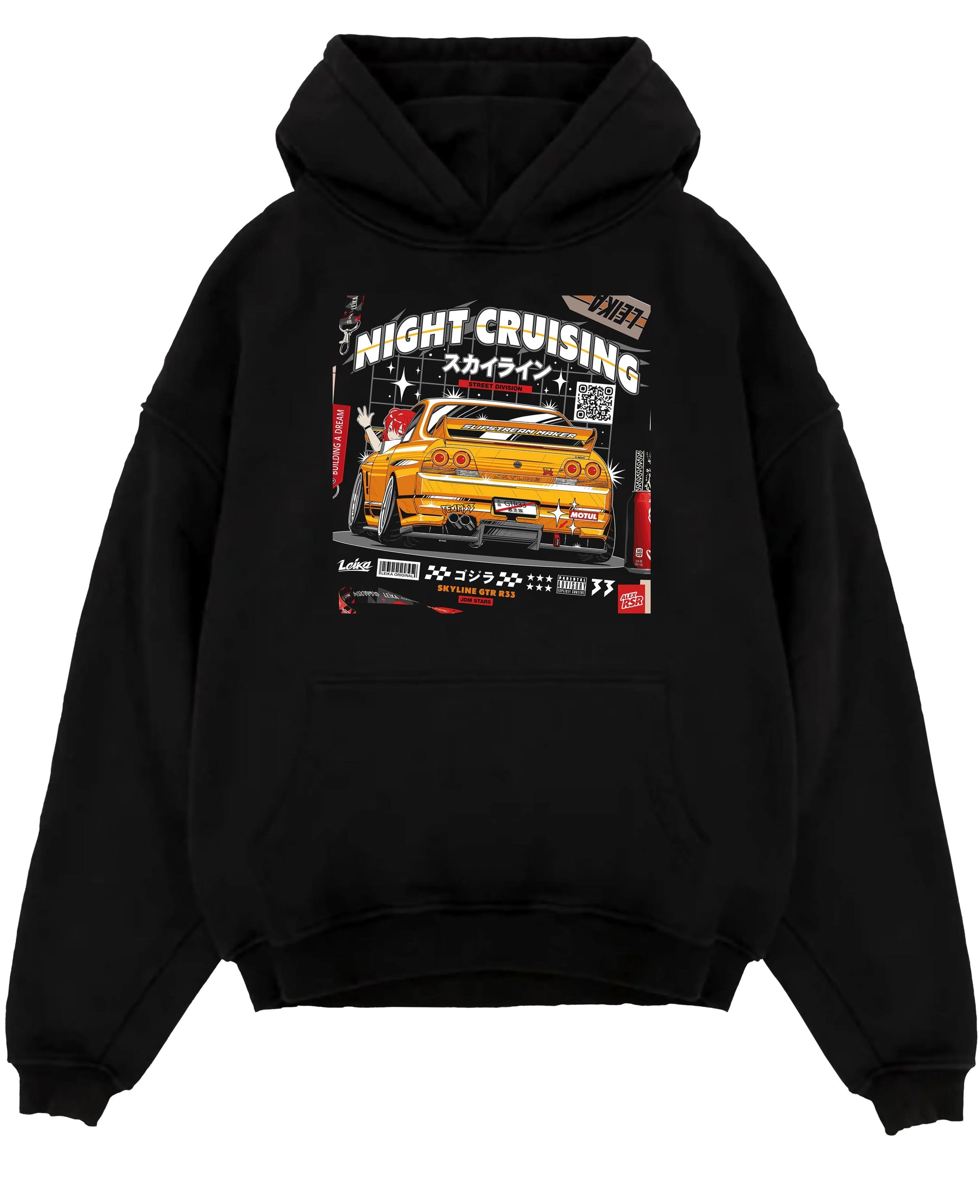 Black pullover hoodie laid flat on a white background, featuring racing drift jdm japanese tokyo street tokyo drift nght01.