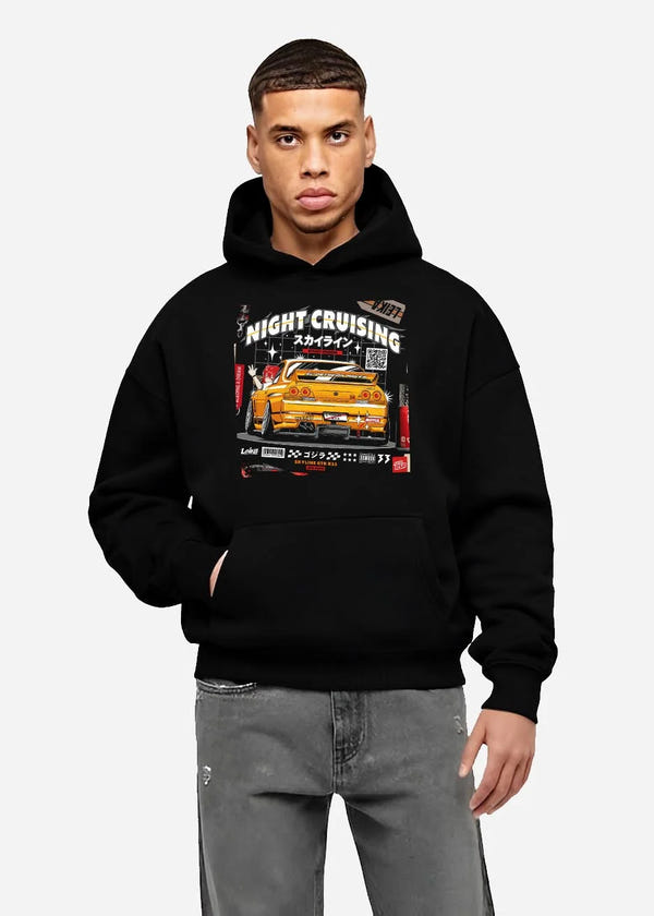 Black hoodie worn by a male model, front view, featuring racing drift jdm japanese tokyo street tokyo drift enthusiast graphic.