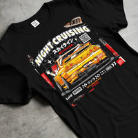 Black T-shirt laid flat with natural fabric folds, featuring racing drift jdm japanese tokyo street tokyo drift enthusiast nght01.