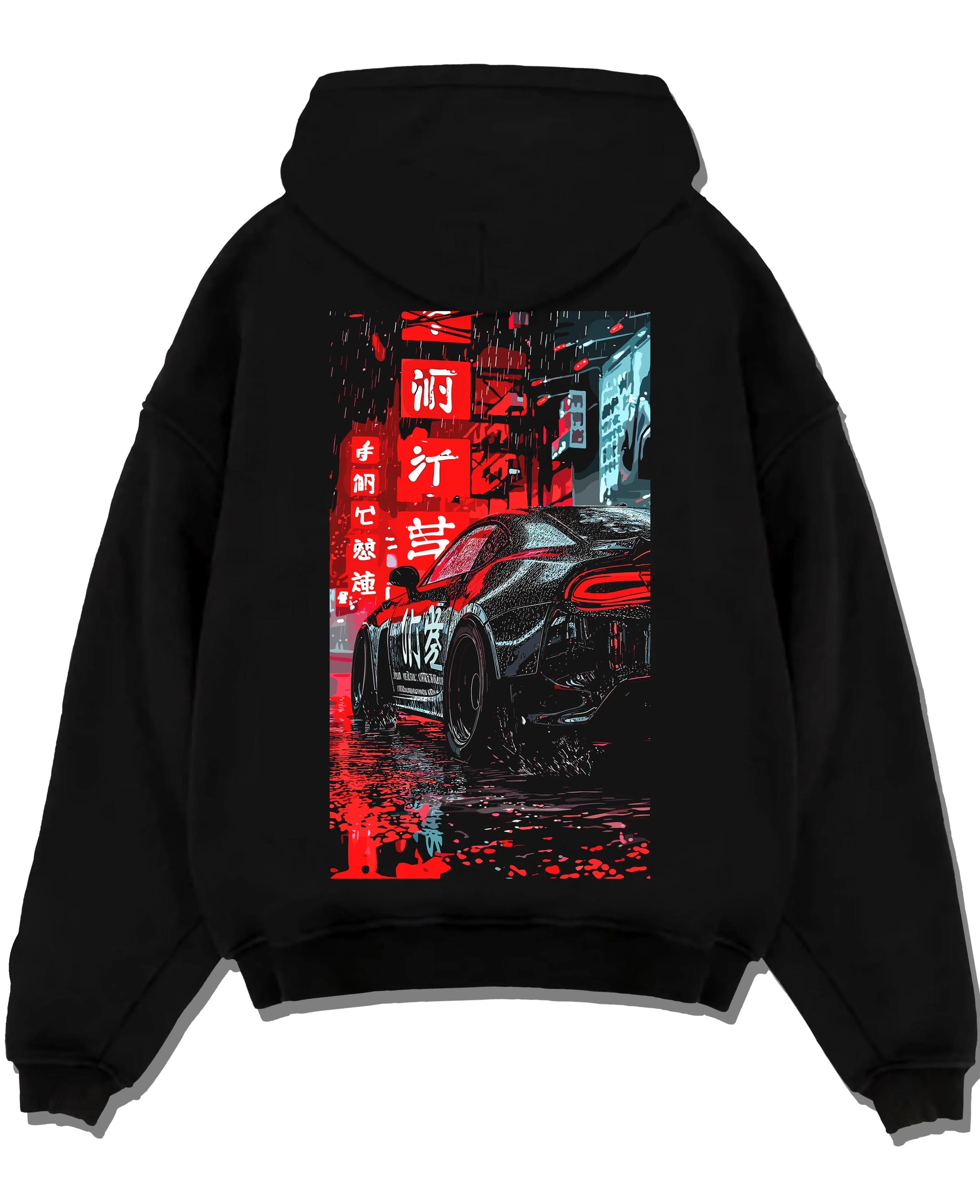 Black pullover hoodie laid flat on a white background, featuring racing drift jdm japanese street enthusiast performance graphic.