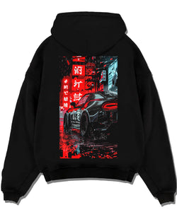 Black pullover hoodie laid flat on a white background, featuring racing drift jdm japanese street enthusiast performance graphic.