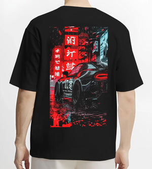Black T-shirt worn by a male model, back view, featuring racing drift jdm japanese street enthusiast performance motorsport graphic.