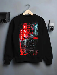 Black crewneck sweatshirt on a hanger against a grey wall, featuring racing drift jdm japanese street enthusiast graphic.