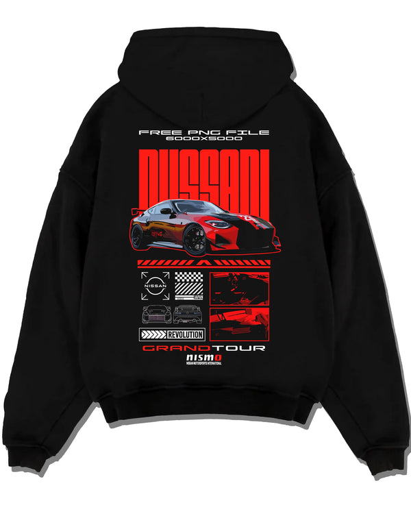 Black pullover hoodie laid flat on a white background, featuring Nissan Skyline rs turbo racing drift motorsport jdm graphic.