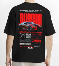 Black T-shirt worn by a male model, back view, featuring Nissan Skyline rs turbo racing drift motorsport jdm japanese graphic.
