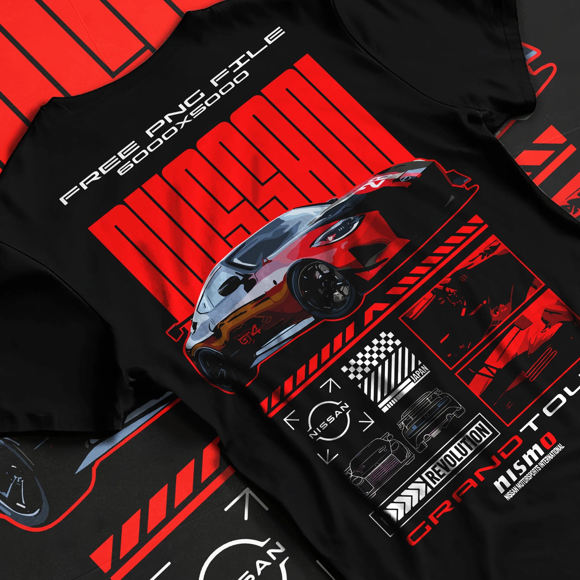 Black T-shirt laid flat with natural fabric folds, featuring Nissan Skyline rs turbo racing drift motorsport jdm japanese graphic.